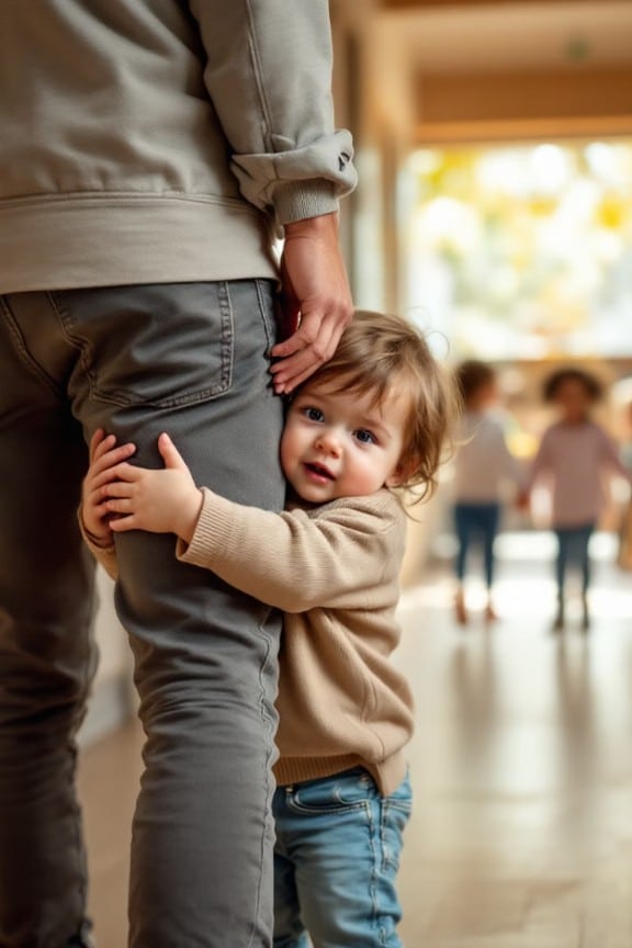 Bébé cramponné à son père au moment de la séparation