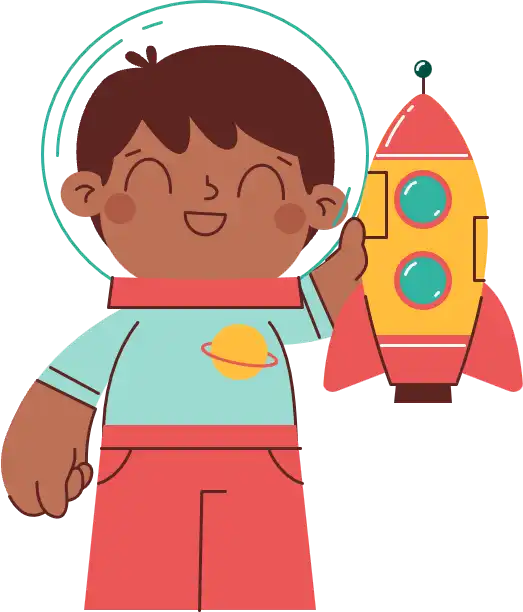 Illustration d’un enfant en astronaute tenant une fusée, symbolisant l’apprentissage ludique et l’imaginaire dans la formation CAP AEPE à Mérignac