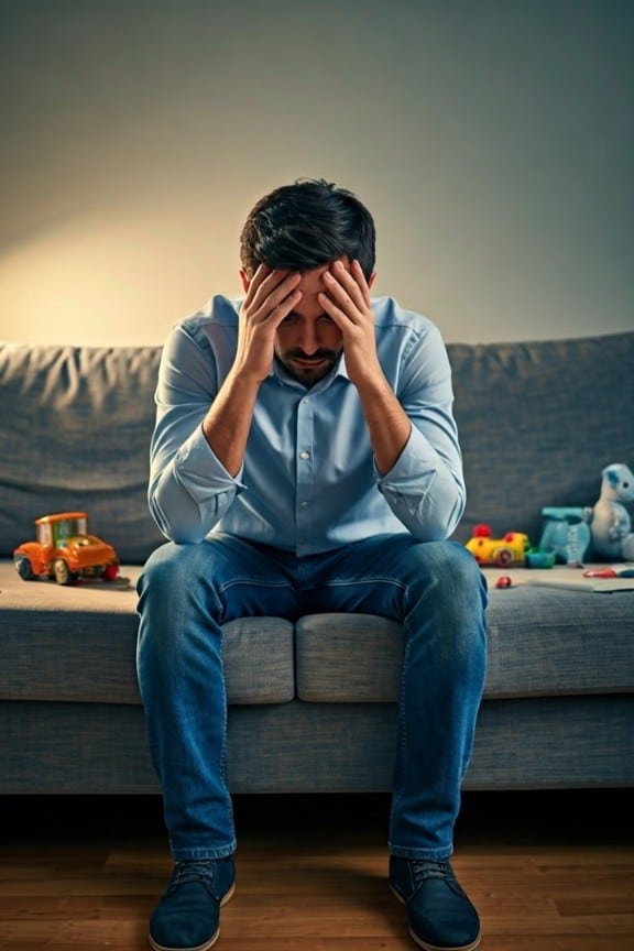 père fatigué avec enfant en bas âge, moment de surcharge émotionnelle