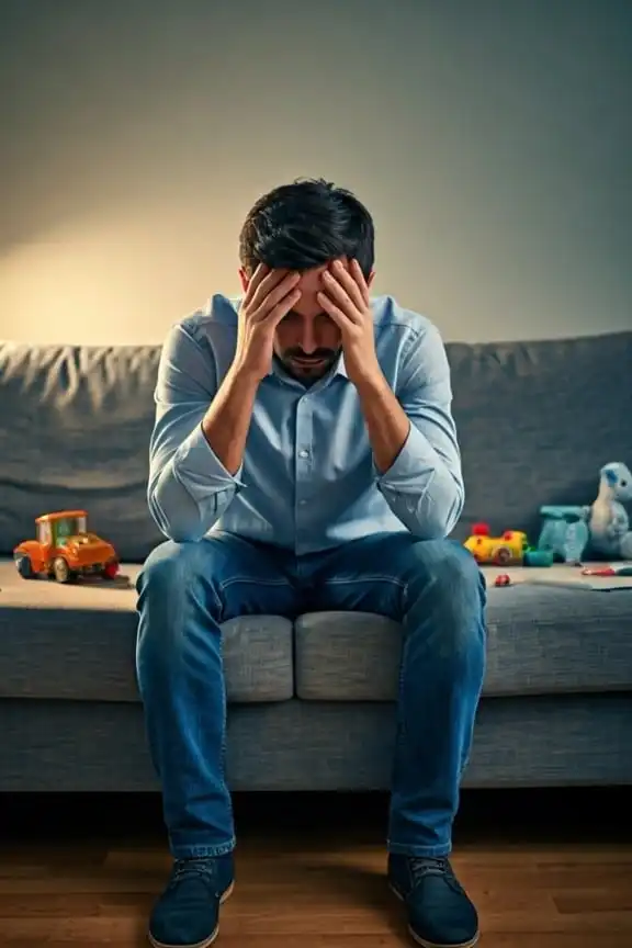 père fatigué avec enfant en bas âge, moment de surcharge émotionnelle