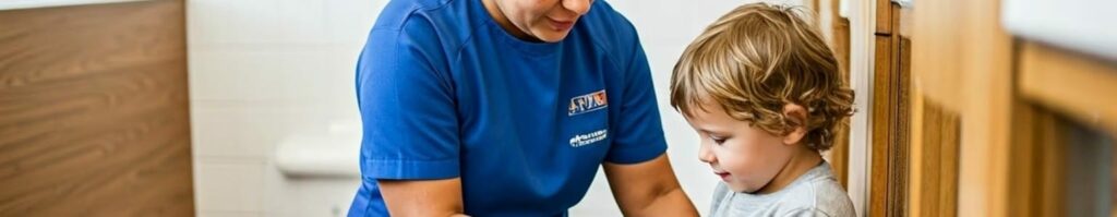 Professionnelle petite enfance aidant un enfant – formation concrète sur le terrain