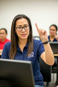 Cours de préparation ATSEM : candidate posant une question pendant une session de formation