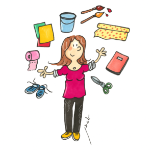 Illustration d’une ATSEM entourée d’objets du quotidien en école maternelle (chaussures, cahier, ciseaux, peinture, etc.)
